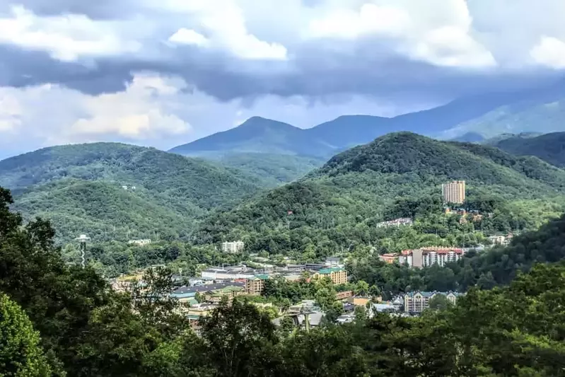 Stunning photo of downtown Gatlinburg and the mountains.