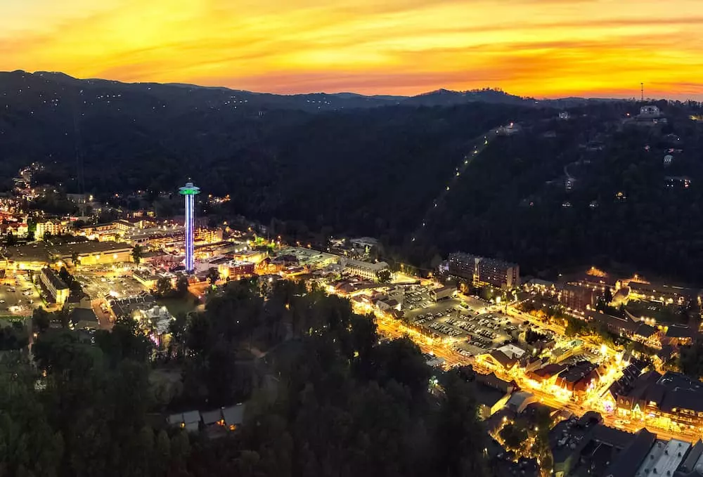 aerial view of Gatlinburg at night