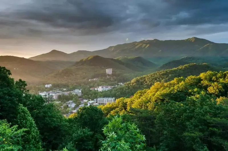 Beautiful photo of the city of Gatlinburg in the mountains in the early morning.
