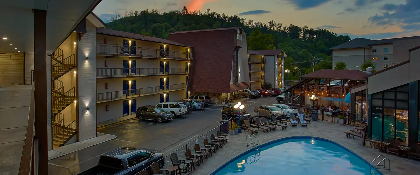 sunset over outdoor pool at Gatlinburg hotel
