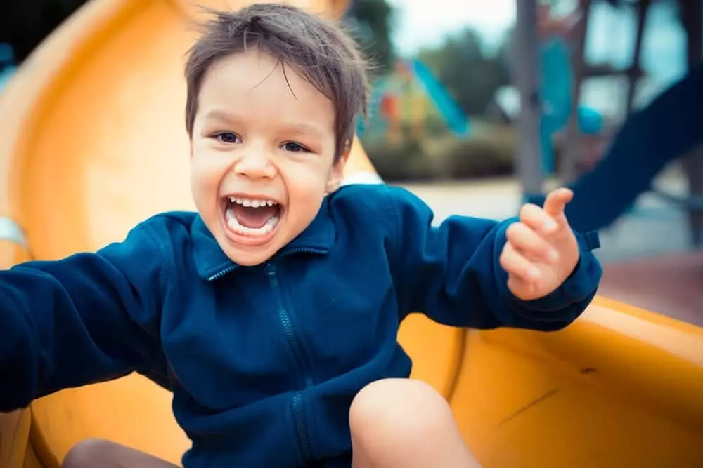 happy young boy on slide at park