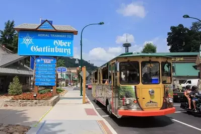 Gatlinburg Trolley driving by Ober Gatlinburg