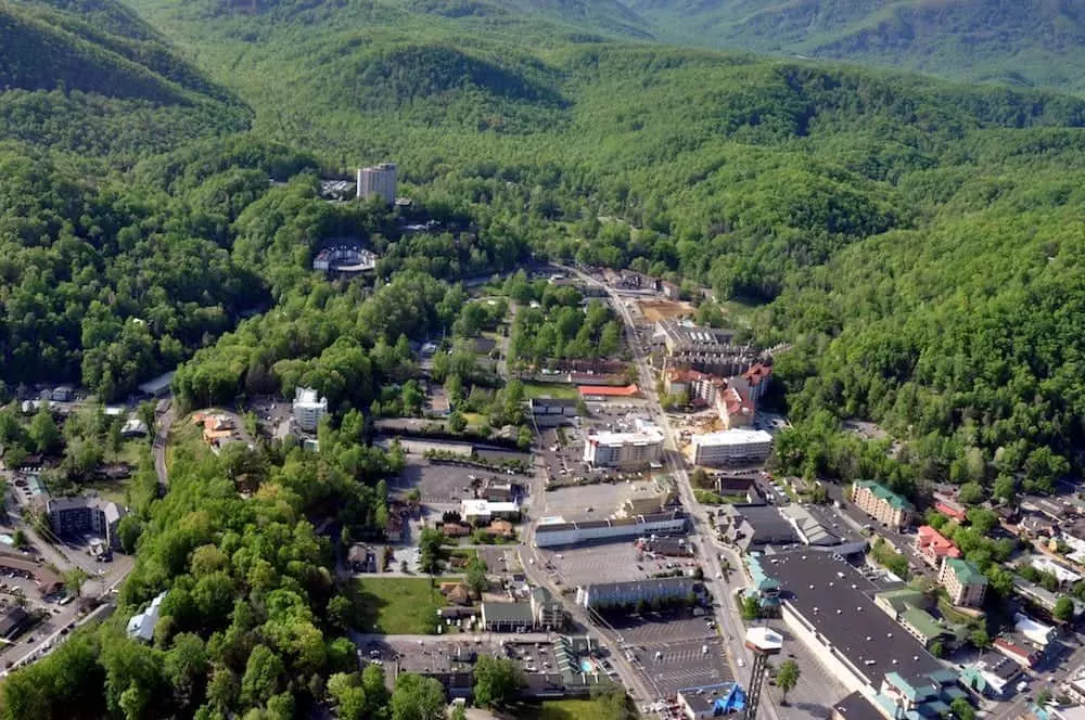 Aerial view of Gatlinburg Tn and the Smoky Mountains