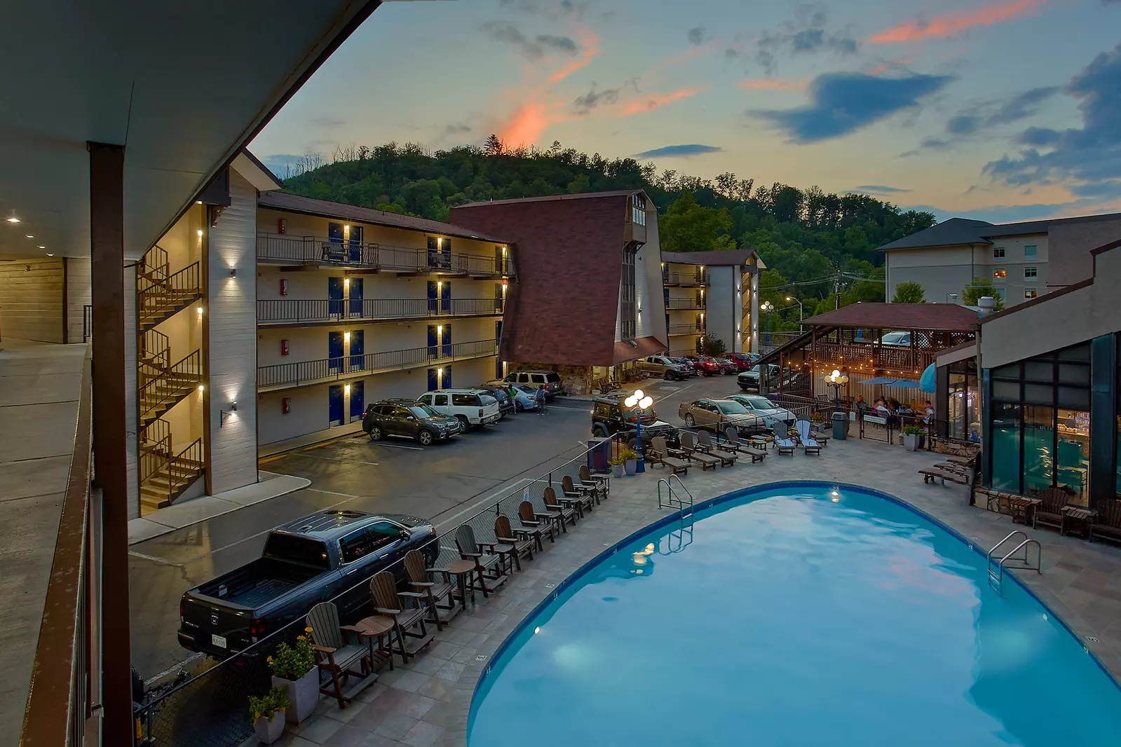 Outdoor pool at Sidney James at sunset