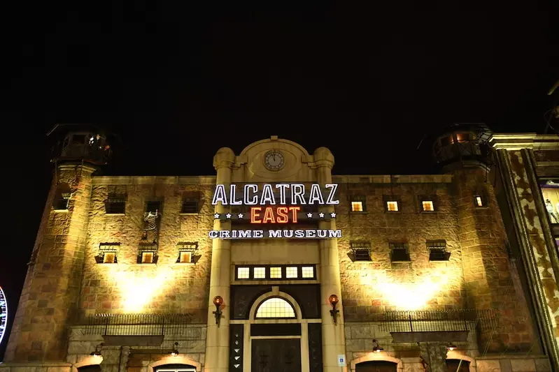 Alcatraz East Crime Museum at night with lights on building