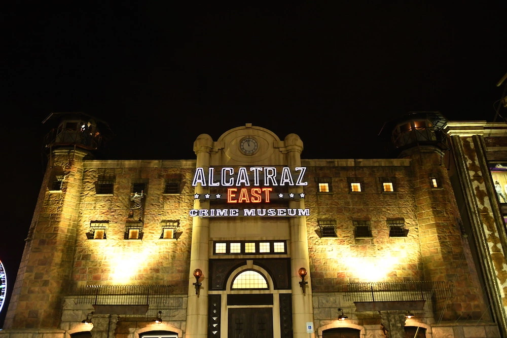 Alcatraz East Crime Museum at night with lights on building