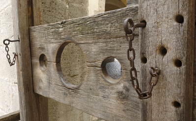 Pillory at Alcatraz East Museum for photo op