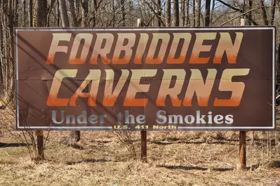 Forbidden Caverns sign