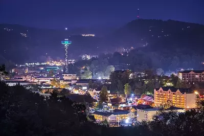 The city of Gatlinburg at night.